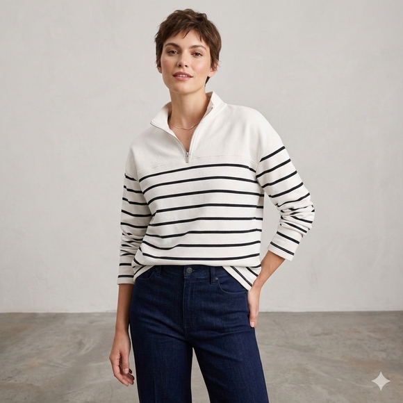 RW&CO. Tops - RW&CO. Women's Black and White Striped Half-Zip Sweatshirt Size Med